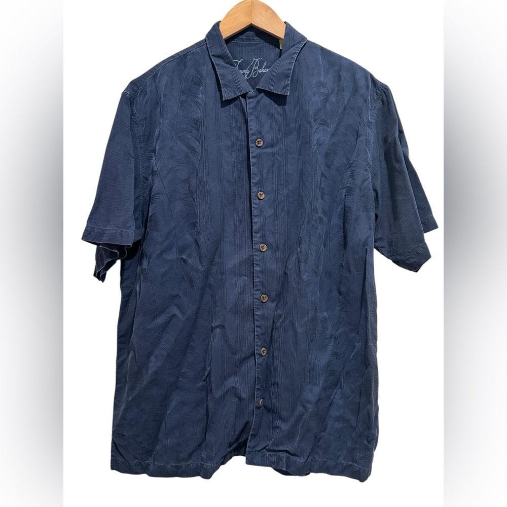 Tommy Bahama 100% Silk Button Down Short Sleeve Navy Blue Men’s Size Large Solid